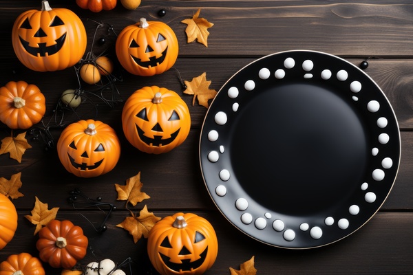 Halloween pumpkins and plates on a wooden table. A wooden table is adorned with various halloween decorations including pumpkins gourds and a black plate.