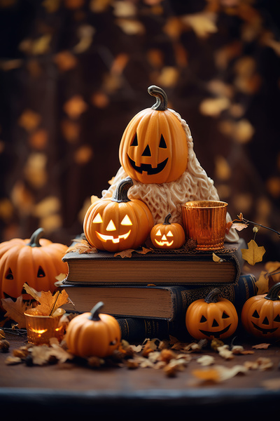 Halloween pumpkins on books
