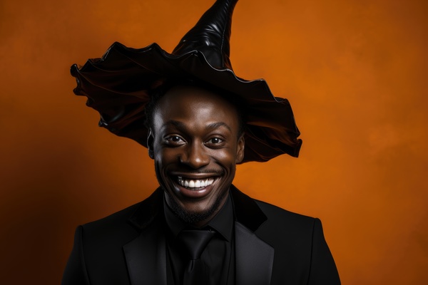 A smiling black man in a black suit and black witch hat on an orange background. A smiling man wearing a witch's hat on his head.