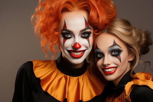 Two beautiful young women in halloween costumes. Two young women are dressed up as clowns with one wearing a red wig and the other wearing an orange wig.