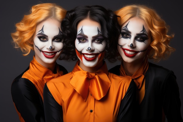 Three beautiful women with makeup on halloween. In this image three women are dressed up as clowns and posing for the camera.