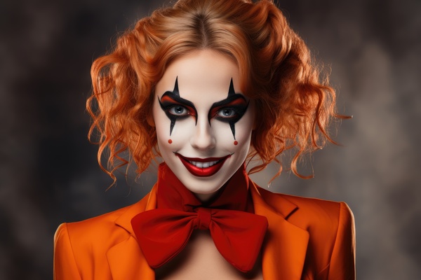 A beautiful woman with makeup and red hair in an orange suit. A woman with red hair and clown makeup is posing for a photo.