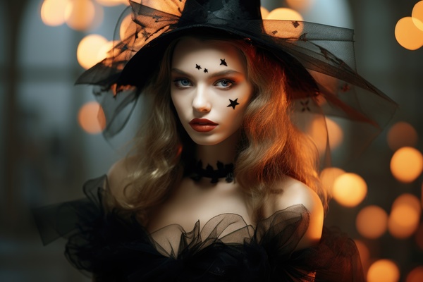 A beautiful young woman in a witch costume. A beautiful young woman is dressed up as a witch adorned with a black witch's hat and makeup.