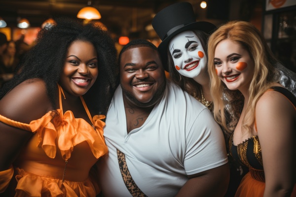 A group of people at a halloween party. There is a group of four people posing for a photo together.