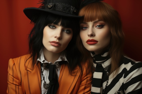 Two women in a top hat and striped blouse