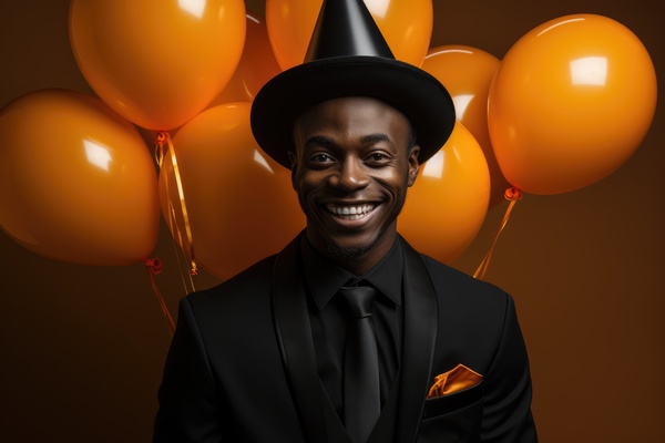A happy african american man with orange balloons