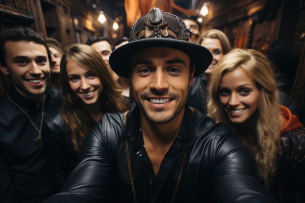 A group of people taking selfie. A group of people including a man wearing a leather jacket and a hat are posing for a selfie together.