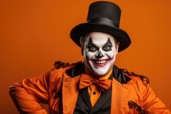 The clown on orange background. The image features a man dressed up as a clown wearing an orange suit and a top hat.
