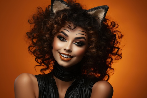 A beautiful woman in halloween costume with cat ears and makeup