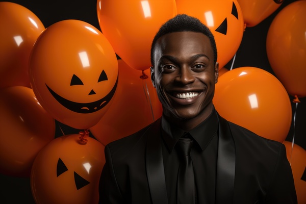 A smiling african american man with halloween balloons