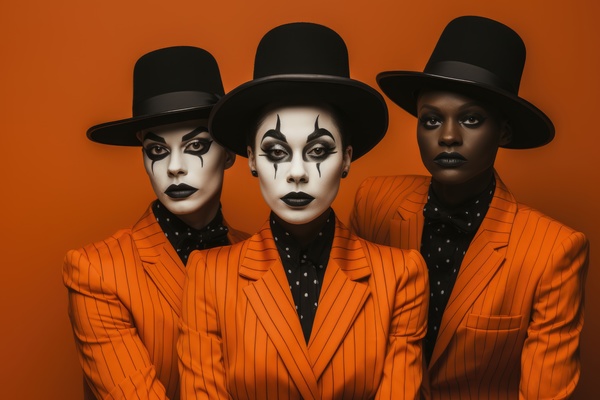 Three women in orange suits with black makeup and hats. There are three women dressed in orange suits and wearing top hats posing for a photo together.