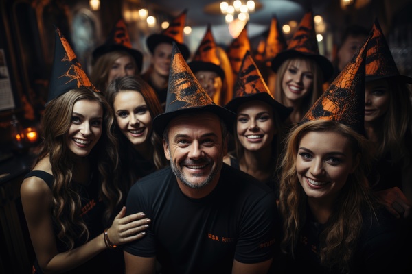 A man with a group of women in witch hats. The image depicts a group of people dressed up in halloween costumes including witch hats and black shirts.