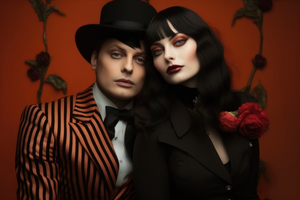 A couple in a gothic style. In this image a man and a woman are posing together in front of an orange background.