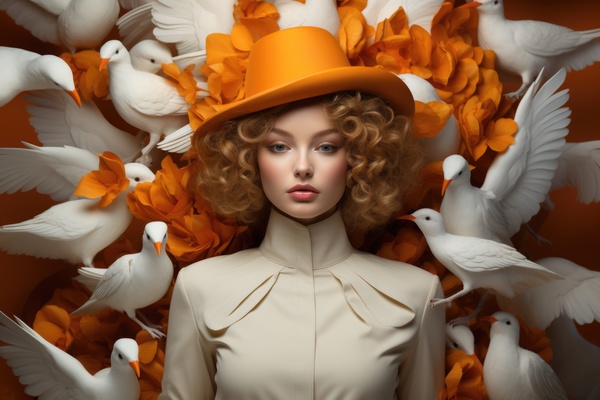 A woman in an orange hat surrounded by white doves