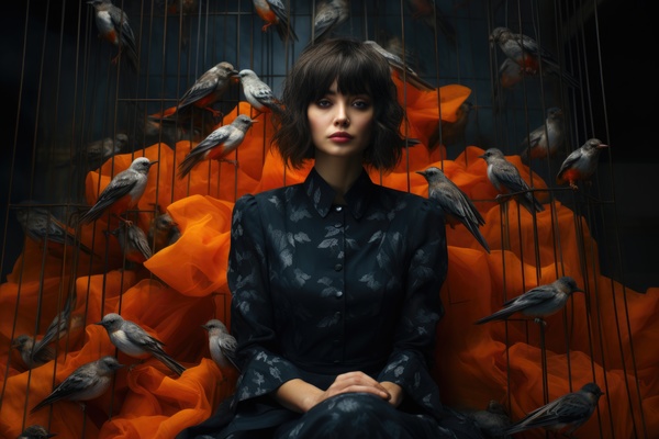 A woman sitting in a cage surrounded by birds