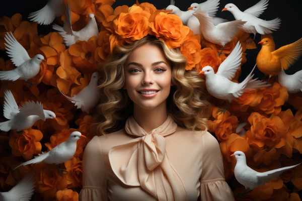 Beautiful woman with orange flowers and doves