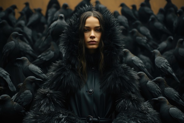 A woman in a black coat surrounded by crows
