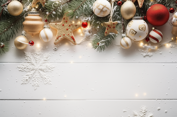 Top View of Christmas Decorations on White Wooden Background with Copy Space