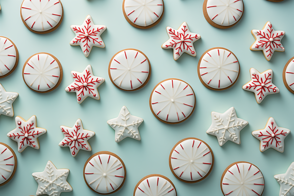 The image showcases a collection of sugar cookies decorated with red and white frosting resembling snowflakes and candy canes.