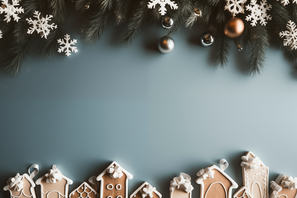 The image features a winter scene with a blue background decorated with gingerbread houses snowflakes and a christmas tree.