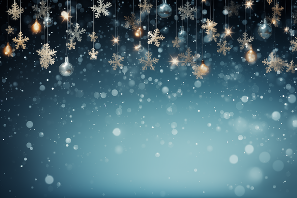 The image captures the essence of the holiday season showcasing snowflakes and lights hanging from a dark blue background.
