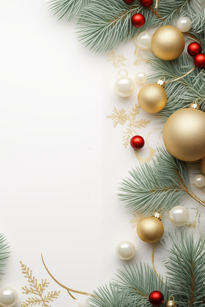A White Background with Christmas Ornaments and Pearls on It
