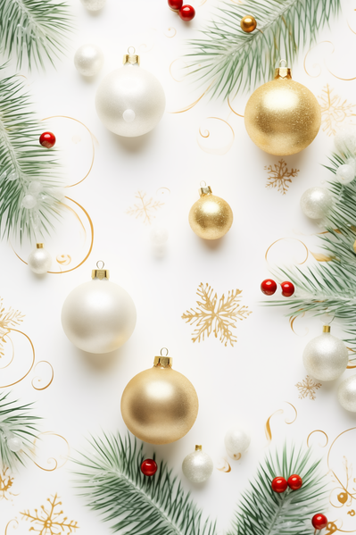 A White Background with Gold and Red Christmas Ornaments and Fir Branches