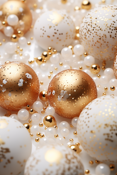 A Close up of Gold and White Christmas Ornaments on a Table