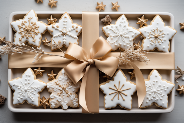 An Assortment of Decorated Cookies in a Box with a Bow