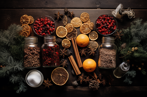An Assortment of Fruits and Spices on a Wooden Table