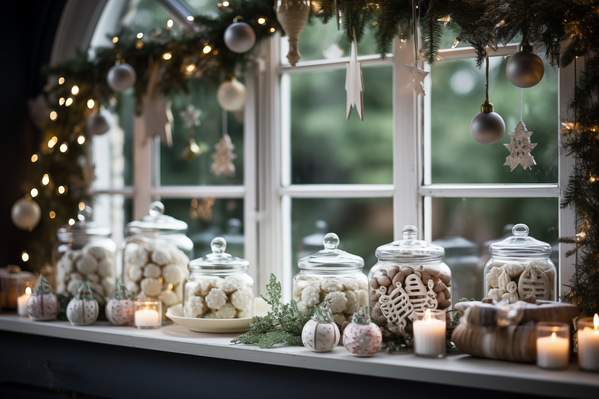 A Window Sill Decorated with Christmas Decorations and Candles