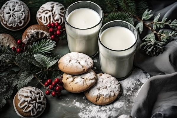 Two Glasses of Milk and Cookies on a Table with Christmas Decorations