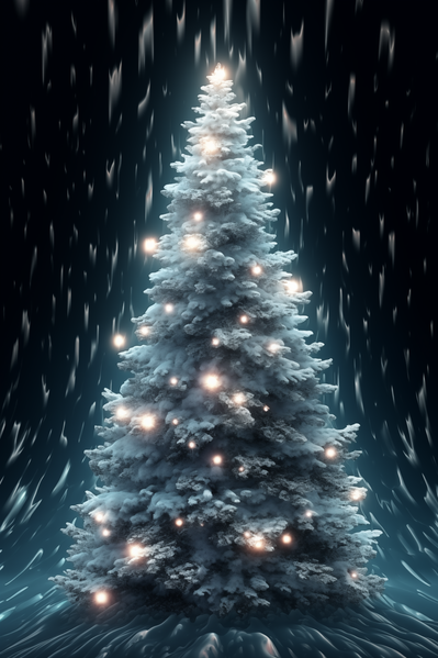 The image depicts a large snow-covered christmas tree on a dark background surrounded by falling snowflakes.