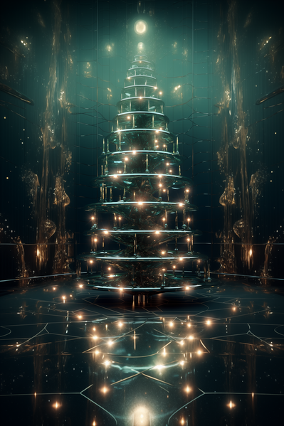 In this image a futuristic christmas tree stands in the center of a dark futuristic room.