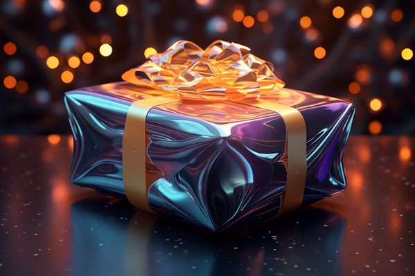 A shiny metallic gift box sits on a dark surface adorned with a golden bow.