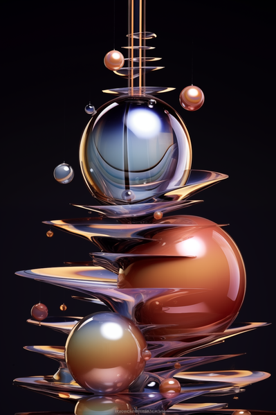 The image showcases a collection of shiny colorful spheres arranged in a tree-like structure on a black background.