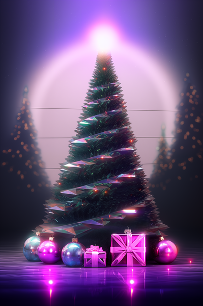 The image depicts a decorated christmas tree in the center of the scene surrounded by various gifts and presents.