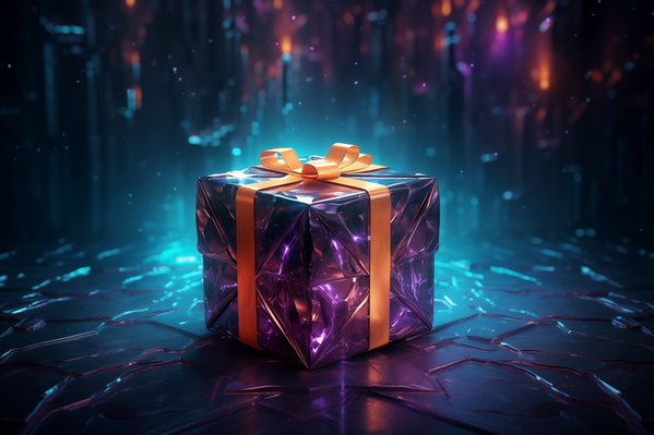 In this image there is a purple gift box sitting on a dark surface.