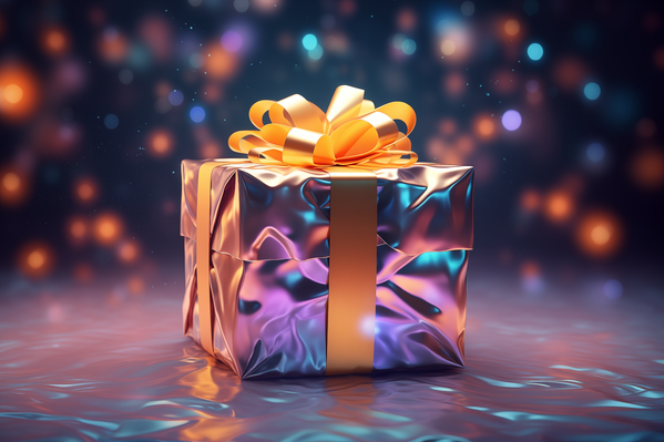 A Shiny Gift Box with a Gold Ribbon on a Dark Background