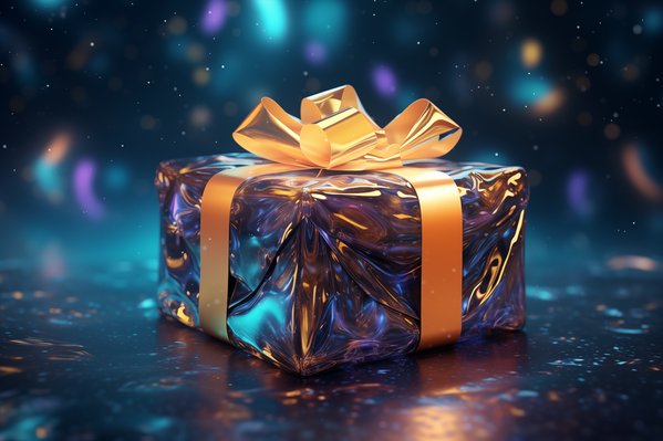 A Gift Box with a Gold Ribbon on a Dark Background with Stars