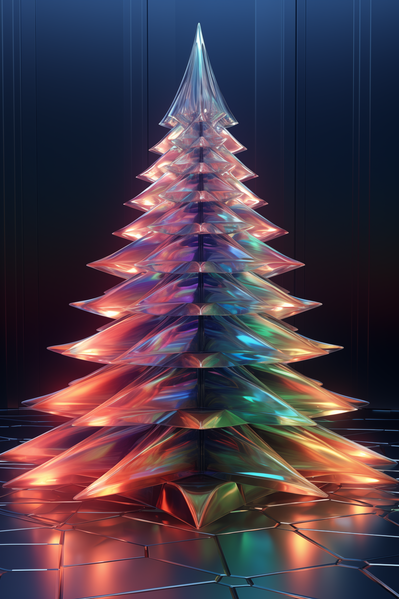 A Futuristic Christmas Tree with Colorful Lights on a Black Background