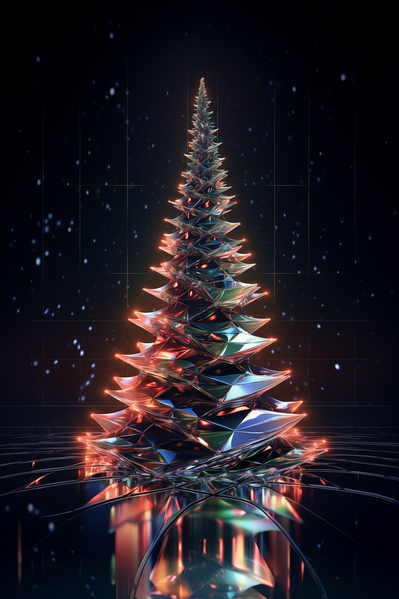 The image depicts a futuristic christmas tree adorned with colorful lights and shining brightly against a dark background.
