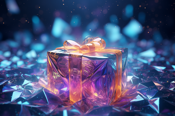 In this image there is a shiny colorful gift box sitting on top of a pile of shattered crystals.