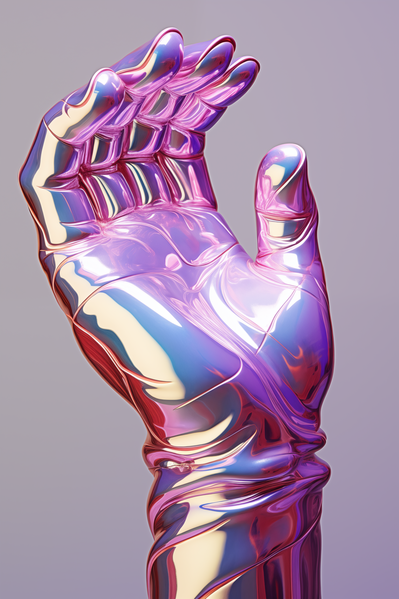 The image depicts a shiny metallic hand that appears to be in the process of grasping something.