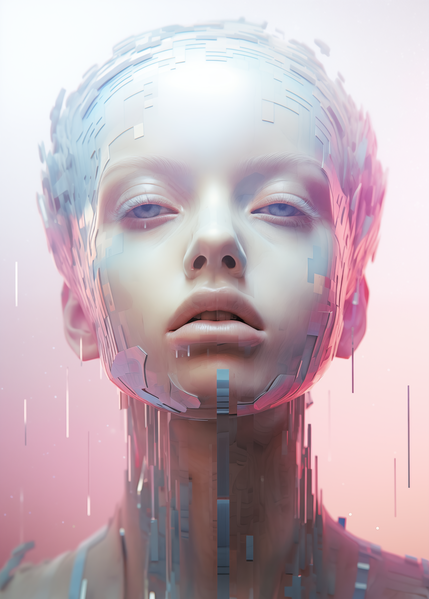 The image depicts a futuristic cybernetic woman with a robotic appearance standing in front of a pink background.