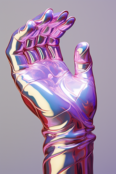 The image depicts a shiny metallic hand that appears to be in the process of grasping something.