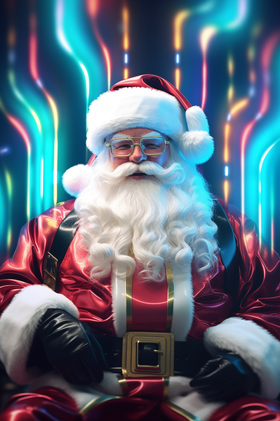 In the photo a man dressed as santa claus is sitting on a chair surrounded by colorful neon lights.