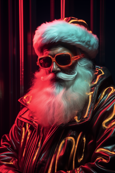 In the photo a man dressed as santa claus is wearing sunglasses and posing in front of a dark background.