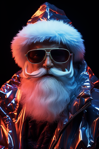 In the image a man wearing a santa claus costume and sunglasses is posing in front of a black background.