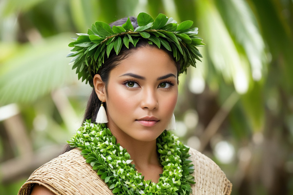 A Woman Wearing a Hawaiian Headdress and Necklace